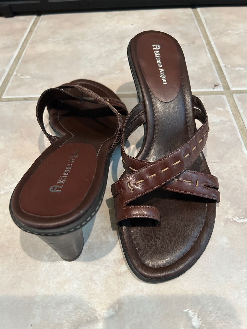 Etienne Aigner Dark Brown Leather Crisscross Heels